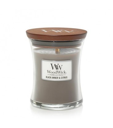 Medium crackling candle WOODWICK BLACK AMBER AND CITRUS